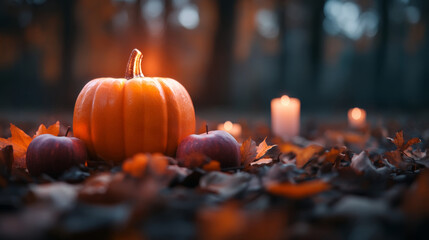 features offerings of pumpkins, apples, and candles surrounded by autumn leaves and twigs.