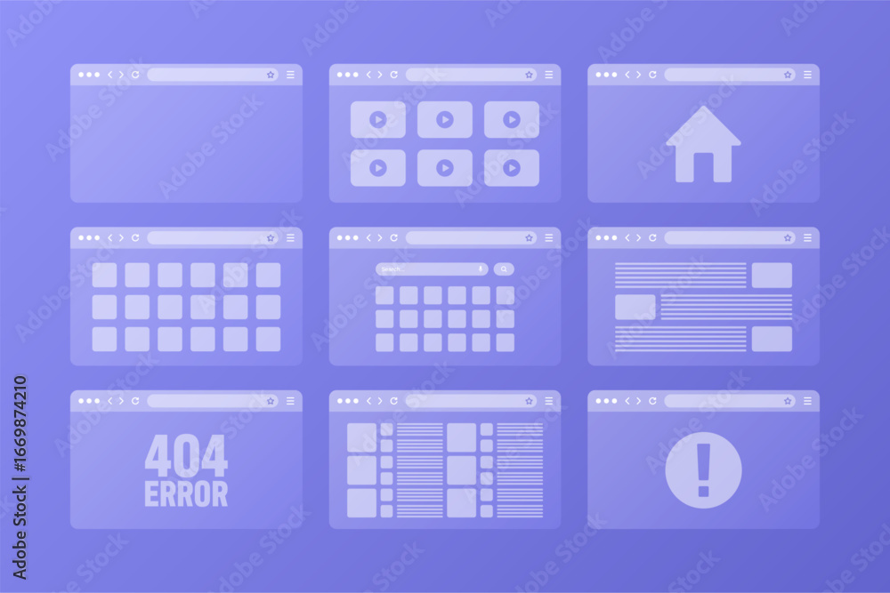 Aufkleber web browser window, transparent pages layout with toolbar and search field. modern website, internet