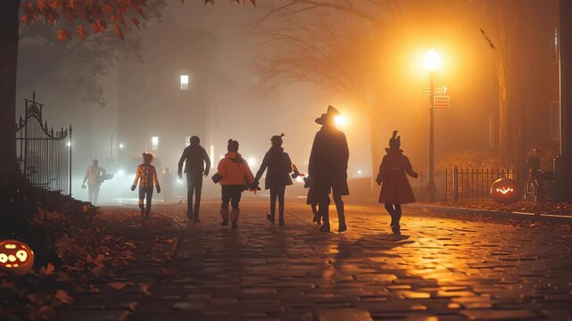 Spooky halloween night: children trickortreating on foggy autumn street