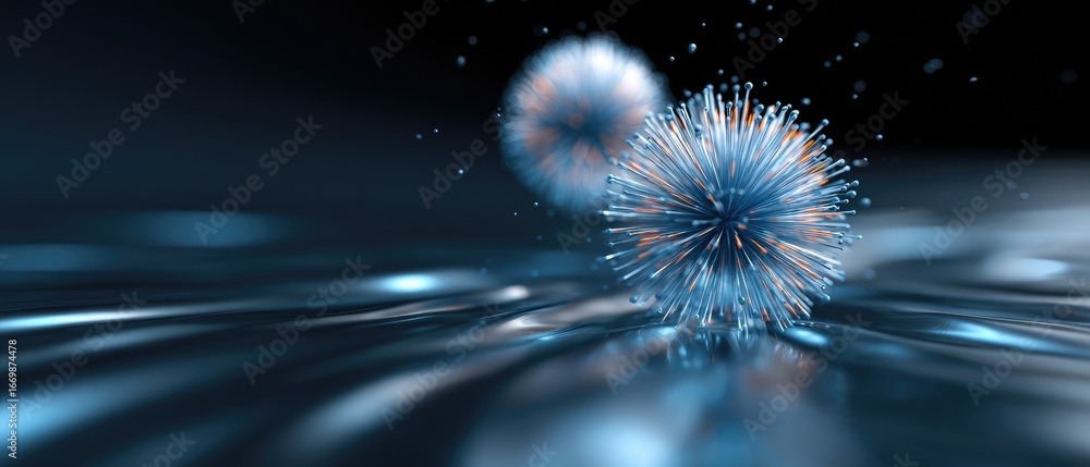 Poster molecule reaction floating concept. abstract blue spheres creating a dynamic visual effect on a dark