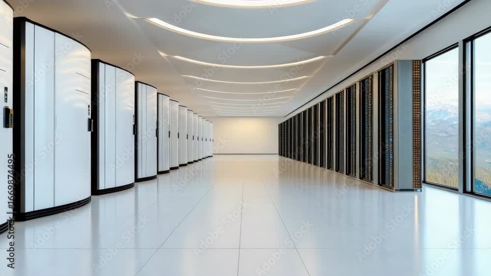 Poster modern data center architecture featuring sleek servers and large windows with scenic views