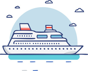 Minimalist line icon of a cruise ship, side view, simple and modern outline, symbol for ocean travel and luxury vacation, isolated on white background.