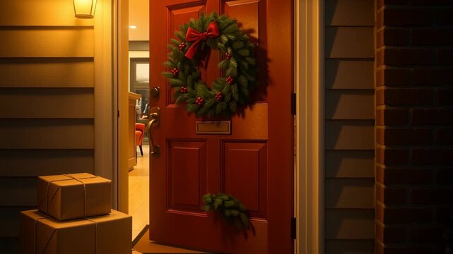 Red door christmas wreath with red bow, pine and holly cozy porch glow, gift boxes stacked warm welcome home night scene