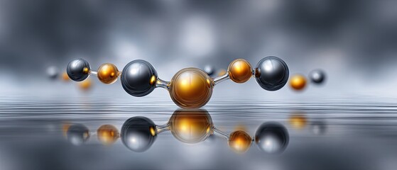 molecule reaction floating concept. Abstract depiction of molecular structure with vibrant spheres and reflective surface.