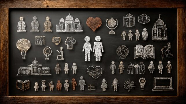 Chalkboard with diverse icons representing inclusive education, equal learning opportunities, and diversity in schools.