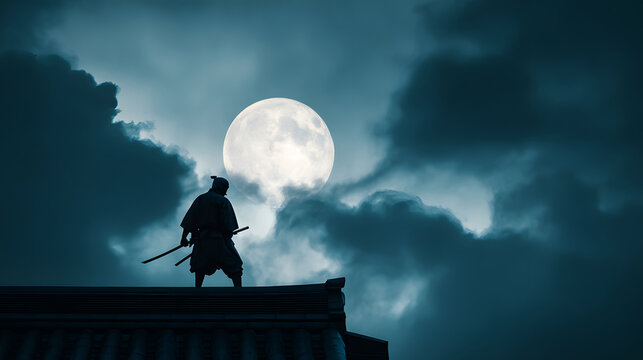 Silhouette of a ninja standing in front of the full moon. Dramatic night sky scene