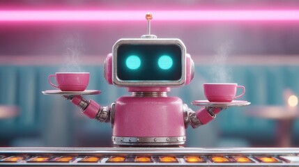 A pink robot with a retro futuristic design serves two cups of coffee in a stylized neon lit cafe environment.