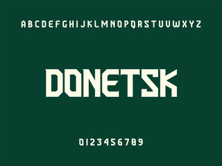 Geometric Sans Serif Typeface Showcasing Donetsk Text, Uppercase Alphabet, and Digits on Dark Green Backdrop