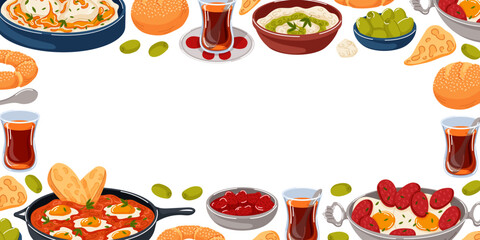 Turkish food border with traditional tea, eggs, sucuk, olives, simit and vegetable in cartoon. Perfect for design invitation, delivery package and kitchen wallpaper.