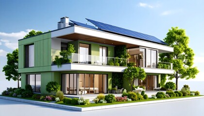 Modern, two-story green house with solar panels, balconies, and landscaping