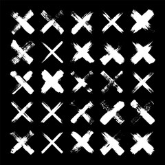 Obraz premium Grunge crosses, brush strokes, x mark, lines, ink smudges, hand-drawn scribble shapes. Handmade sketchy marks, acrylic stains, charcoal streaks. Paint textures, dry brush effect. Vector illustration