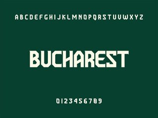 Bucharest City Name Display in Modern White Geometric Sans Serif Font with Alphabet and Numbers on Dark Green Background