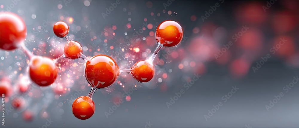 Poster molecule reaction floating concept. molecular structure with red spheres on a blurred background, re