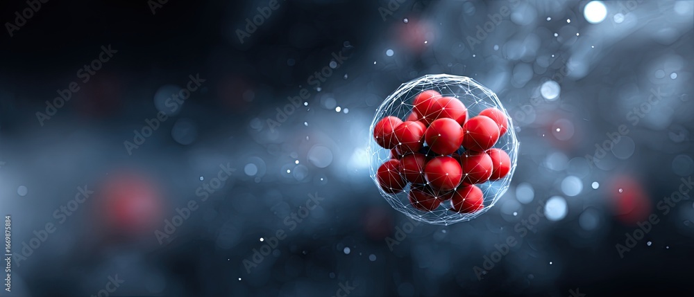 Poster molecule reaction floating concept. abstract representation of an atom with red particles in a dark 