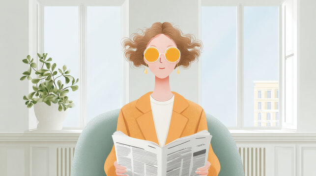 person reading newspaper with illustrations coming to life through their glasses in bright minimalist interior