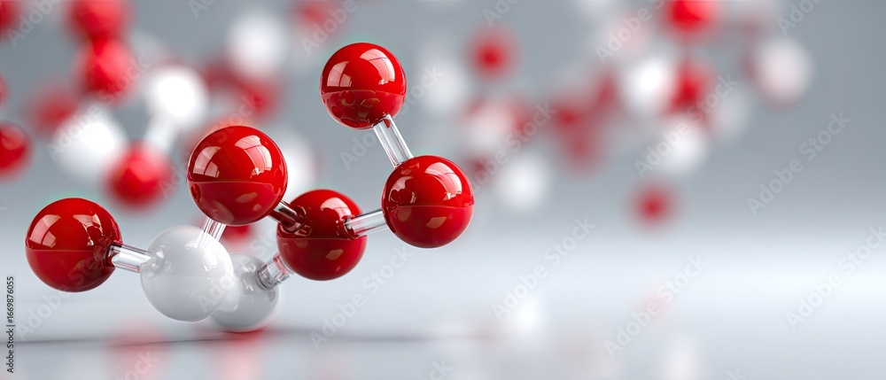 Poster molecule reaction floating concept. molecular structure with red and white spheres on a light backgr