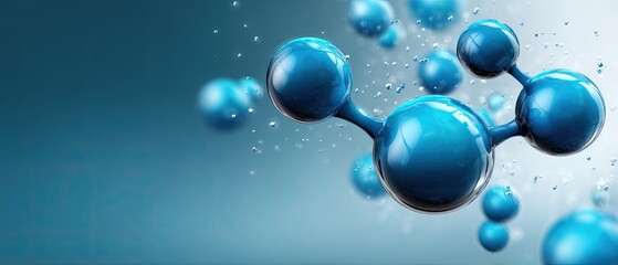 molecule reaction floating concept. Abstract blue molecular structure with bubbles on a soft gradient background.