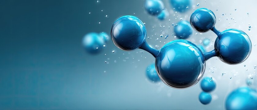 molecule reaction floating concept. Abstract blue molecular structure with bubbles on a soft gradient background.