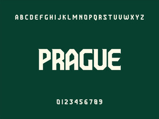 Prague City Name Display in Modern White Geometric Sans Serif Font with Alphabet and Numbers on Dark Green Background