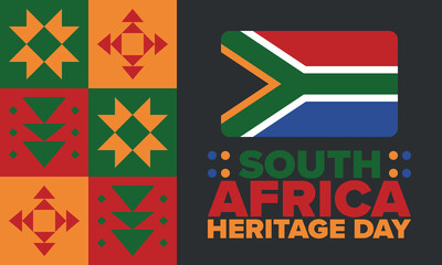 South Africa Heritage Day. Happy holiday. Celebrate culture and traditions of nation. South African flag. Poster with illustration. Pattern design. Vector