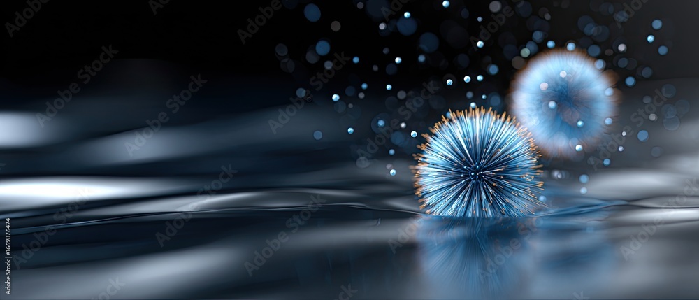 Poster molecule reaction floating concept. abstract blue spheres with light reflections on a dark backgroun