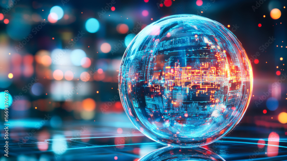 Poster futuristic holographic sphere with data patterns in a vibrant digital space