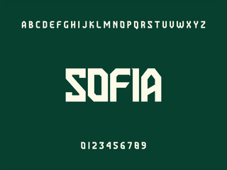 Sofia City Name Display in Modern White Geometric Sans Serif Font with Alphabet and Numbers on Dark Green Background