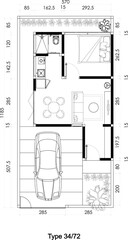 Architectural Small Floor Plans of with Furniture Layout  a House with Garden and Carport. 2