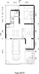 Architectural Small Floor Plans of with Furniture Layout  a House with Garden and Carport. 6