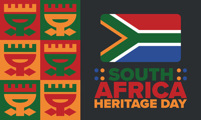 South Africa Heritage Day. Happy holiday. Celebrate culture and traditions of nation. South African flag. Poster with illustration. Pattern design. Vector