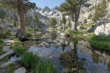 Serene mountain lake reflecting peaks
