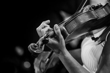  Hands of a woman playing the violin in black and white