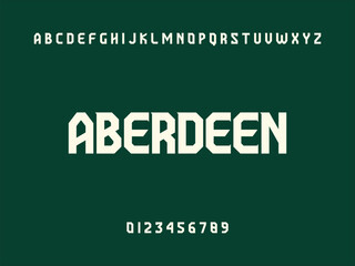 Aberdeen City Name Display in Modern White Geometric Sans Serif Font with Alphabet and Numbers on Dark Green Background
