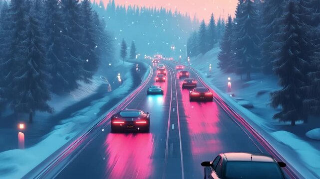 Futuristic neon-lit cars speeding down snowy highway through winter forest, creating pink and blue light trails