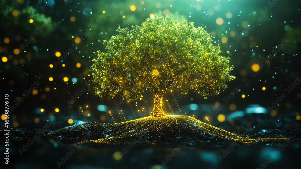Poster illuminated tree with glowing leaves in a magical forest setting during twilight
