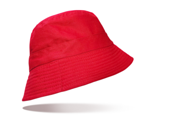 A red bucket hat floats tilted PNG transparent.