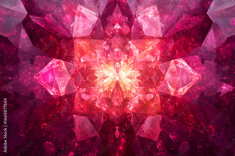 Poster kaleidoscopic pattern of glowing ruby red crystal gems, abstract geometric gemstone design ideal for