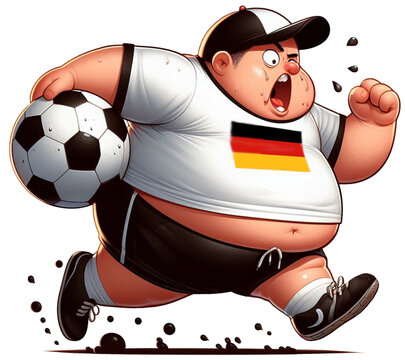 Fussballfan oder Fu&szlig;ballspieler rennt mit Fu&szlig;ball hastig zum Spiel, Ball unter dem Arm, Deutschlandspiel, Deutscher Fu&szlig;ballfan