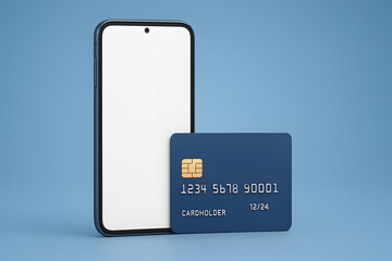 Smartphone credit card payment mockup with blank screen mobile phone, digital banking finance concept, contactless transaction technology illustration, online shopping fintech interface, secure cashle