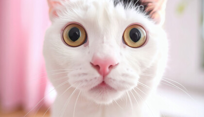 Close-up of a white domestic cat with wide curious eyes