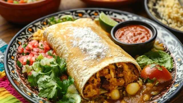 Delicious burrito with pico de gallo, rice and sauce on traditional plate, enjoying mexican food