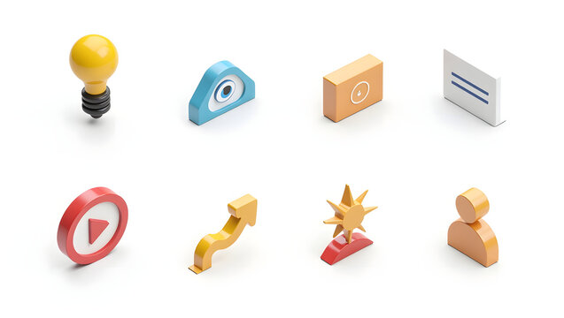 Modern 3D isometric icon collection for business strategy and digital communication concepts, including idea, growth, and success symbols