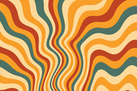 Abstract wavy lines flowing in warm retro colors pattern background, psychedelic fluid motion design, vintage seventies aesthetic illustration, dynamic curvy shapes texture, artistic wallpaper for mod
