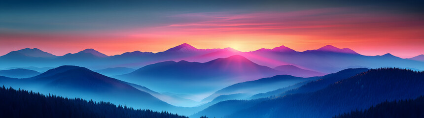 Obraz premium Retro 90s style landscape with bright neon tones, foggy mountains and smooth rolling hills, wide panoramic banner scene with vivid colorful background.