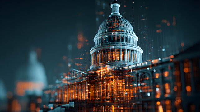 Digital Grid Overlay on the U.S. Capitol – Symbolic llustration of Technologicl Transformation, Cyber Goernance, AI-Driven Politic, and the Future of Democrcy in a Connected World