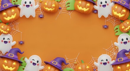 Fototapeta premium Festive 3D Halloween border frame with cute ghosts, glowing pumpkins, and witch hats on orange background, perfect for seasonal messages