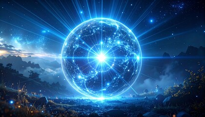 Obraz premium A Luminous Fantasy Core Radiating Digital Energy and Light in a Mystical Natural Landscape
