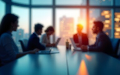 Corporate collaboration: business professionals in a vibrant meeting, blurred office background in blue and orange hues. Abstract business concept. High quality