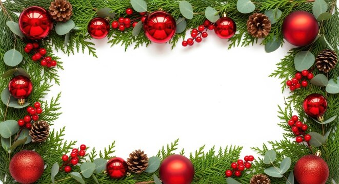 Festive Christmas layout featuring pine branches, red berries, shiny baubles, and pinecones arranged around a blank space on white backdrop