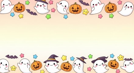 Fototapeta premium Cute Halloween background with kawaii ghosts, smiling pumpkins, bats, and colorful stars. Horizontal frame with empty copy space